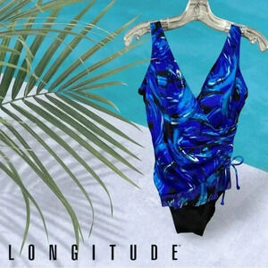 NWOT, Longitude, Ruffle Surplice Long  Torso One Piece Swimsuit, 8, Blue